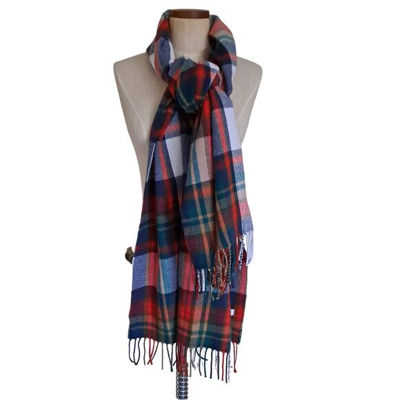J. Crew Red Green & Beige Plaid Rectangular Scarf with Fringes - Size 25" x 77" - Picture 12 of 16